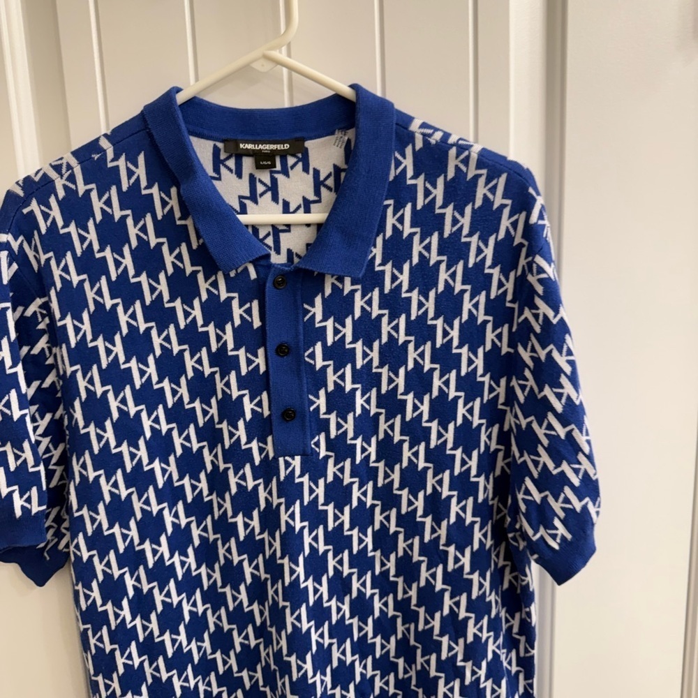 Karl Lagerfeld Blue and White Patterned Knit Polo sz L - Picture 5 of 7